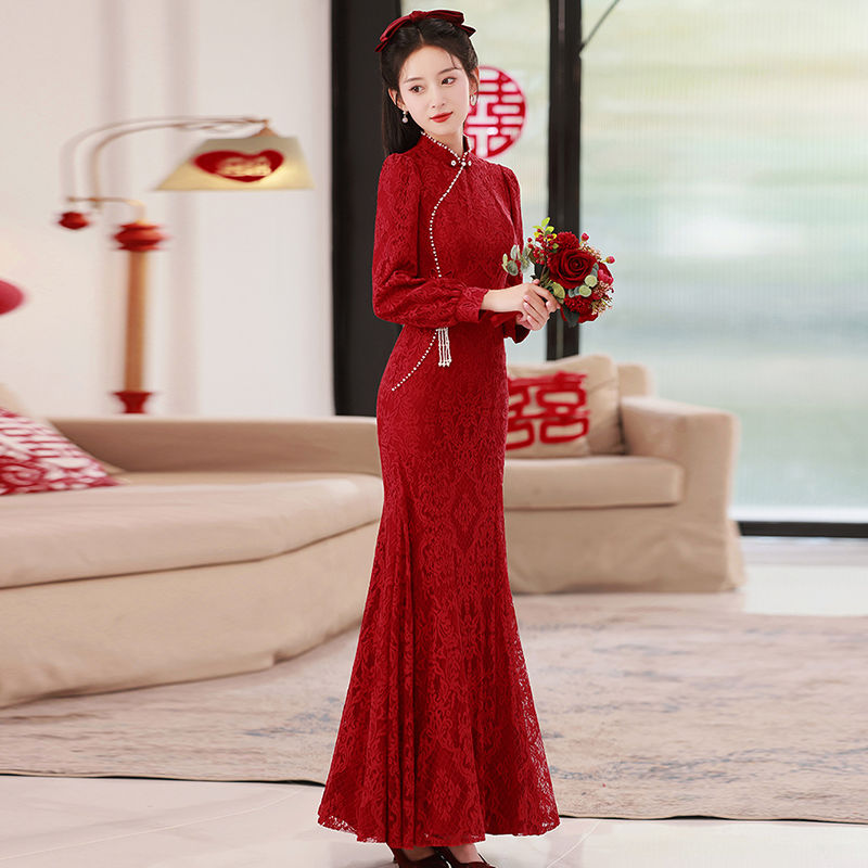 ウェア花嫁小2025結婚式ロングレッドチャイナドレス長袖シニア婚約ドレスレディース ウェア花嫁小2025結婚式ロングレッドチャイナドレス長袖シニア婚約ドレスレディース