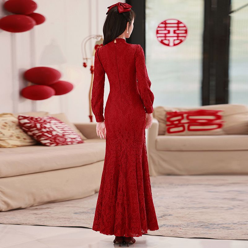 ウェア花嫁小2025結婚式ロングレッドチャイナドレス長袖シニア婚約ドレスレディース ウェア花嫁小2025結婚式ロングレッドチャイナドレス長袖シニア婚約ドレスレディース