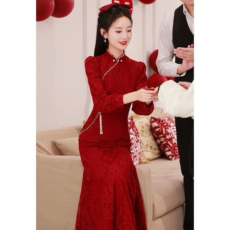 ウェア花嫁小2025結婚式ロングレッドチャイナドレス長袖シニア婚約ドレスレディース ウェア花嫁小2025結婚式ロングレッドチャイナドレス長袖シニア婚約ドレスレディース