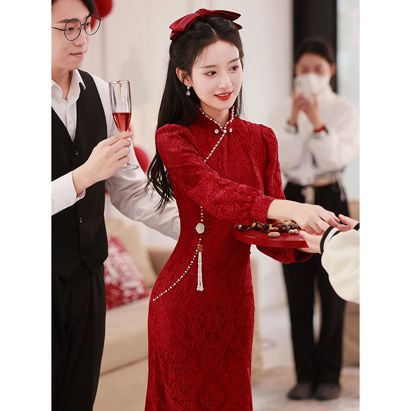 ウェア花嫁小2025結婚式ロングレッドチャイナドレス長袖シニア婚約ドレスレディース ウェア花嫁小2025結婚式ロングレッドチャイナドレス長袖シニア婚約ドレスレディース