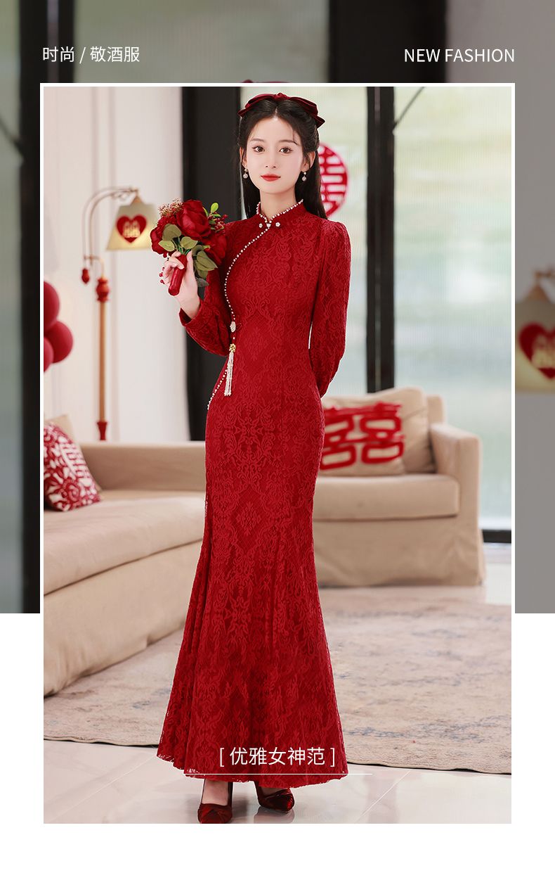 ウェア花嫁小2025結婚式ロングレッドチャイナドレス長袖シニア婚約ドレスレディース ウェア花嫁小2025結婚式ロングレッドチャイナドレス長袖シニア婚約ドレスレディース