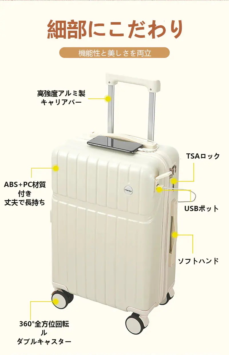 スーツケース フロントオープン 機内持ち込み ファスナータイプ 前ポケット USBポート付き キャリーケース 前開き キャリーバッグ レディース かわいい Sサイズ Mサイズ トラン