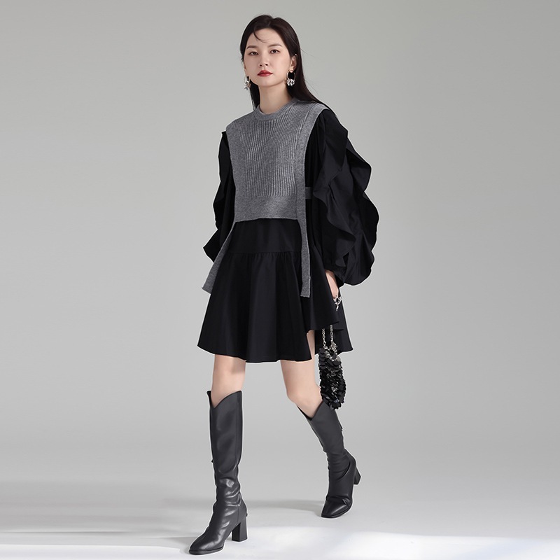 復古フリルゆとりスウィートでワンピース 大きいサイズ ロングシャツ ブラウス ベスト2点セット 復古フリルゆとりスウィートでワンピース 大きいサイズ ロングシャツ ブラウス ベスト2点セット