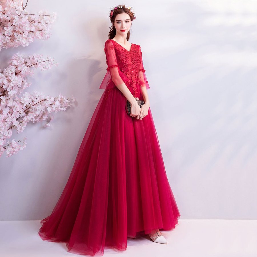 カラードレス 赤 ロングドレス 演奏会 安い イブニングドレス 結婚式 パーティー 花嫁 フォーマルドレス 二次会 披露宴 aラインドレス 大きいサイズ