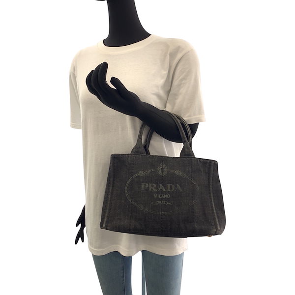 PRADA カナパ ハンドバッグ キャンバス 黒 ビジューM 極美品