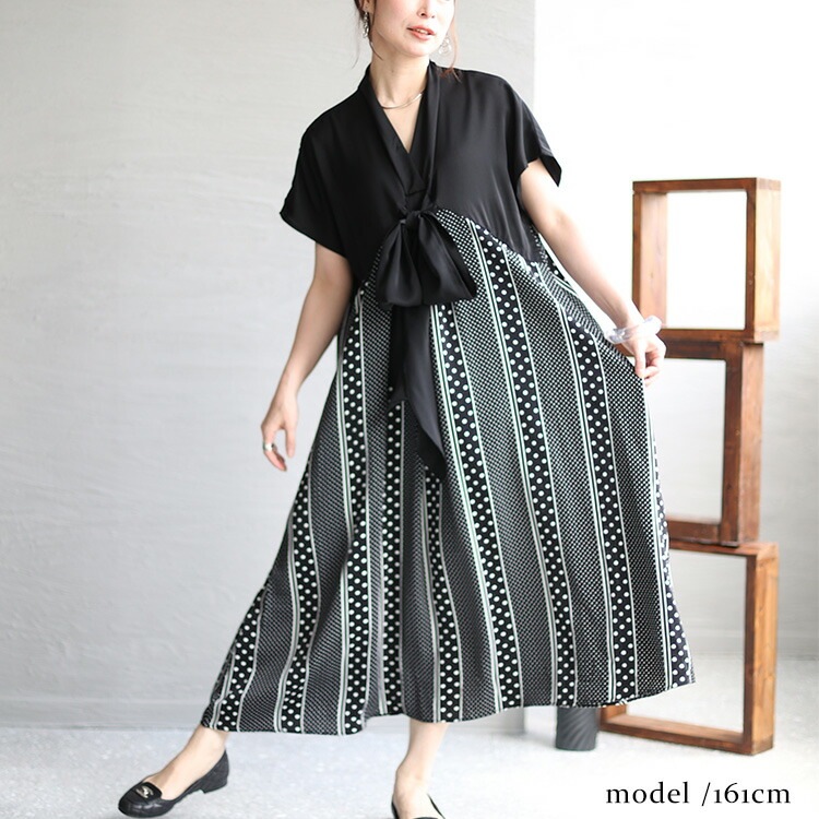 大きいサイズ レディース ワンピース フロントリボン柄切替えワンピース ワンピ ロングワンピース 半袖ワンピース ロング ミモレ 半袖 フレア 切替え リボン 柄 タック ドット 水玉 ポケット フロ