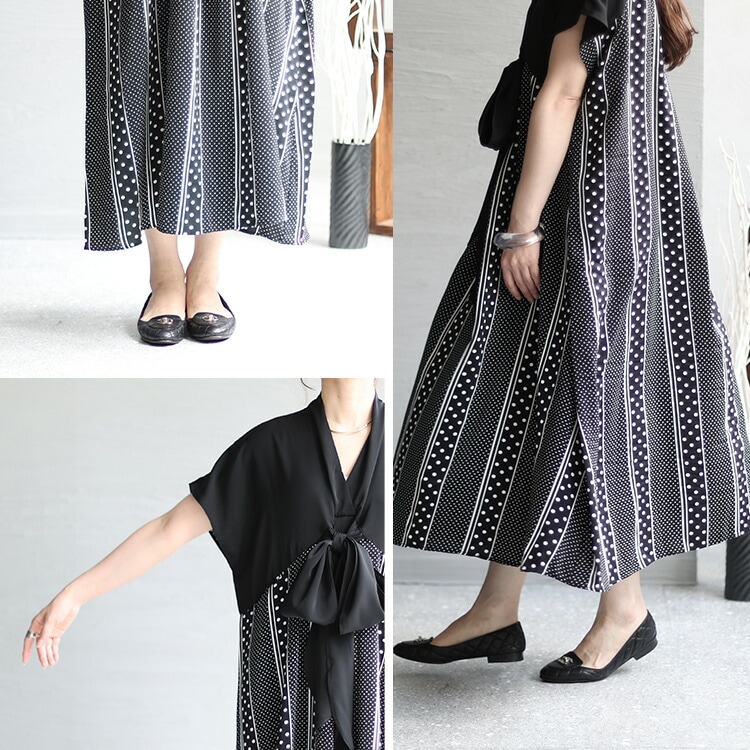 大きいサイズ レディース ワンピース フロントリボン柄切替えワンピース ワンピ ロングワンピース 半袖ワンピース ロング ミモレ 半袖 フレア 切替え リボン 柄 タック ドット 水玉 ポケット フロ