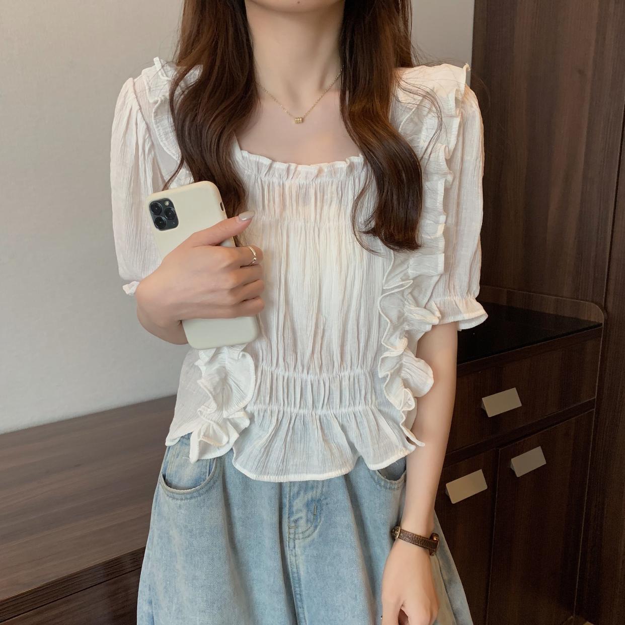 カットソー レディース 半袖 スクエアネック シフォン レトロ かわいい 大人可愛い きれいめ シンプル カジュアル ガーリー 無地 夏 学生 デート お出かけ ホワイト パープル ブルー トップス