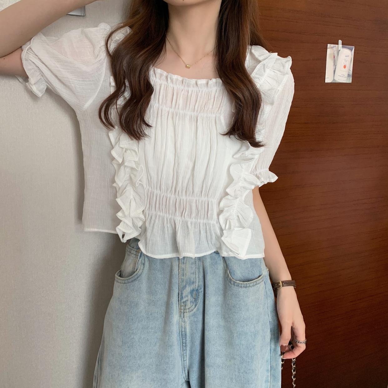 カットソー レディース 半袖 スクエアネック シフォン レトロ かわいい 大人可愛い きれいめ シンプル カジュアル ガーリー 無地 夏 学生 デート お出かけ ホワイト パープル ブルー トップス