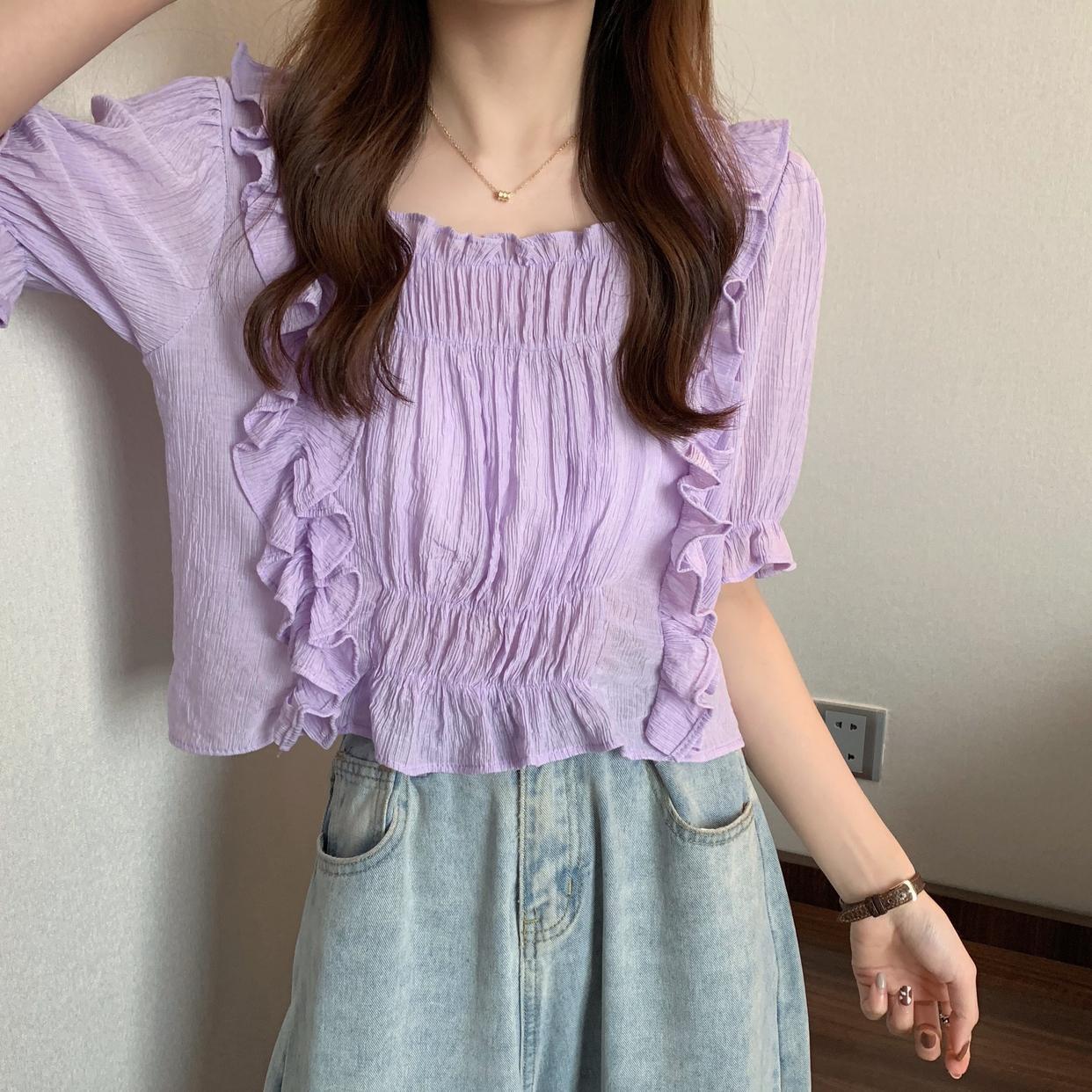 カットソー レディース 半袖 スクエアネック シフォン レトロ かわいい 大人可愛い きれいめ シンプル カジュアル ガーリー 無地 夏 学生 デート お出かけ ホワイト パープル ブルー トップス