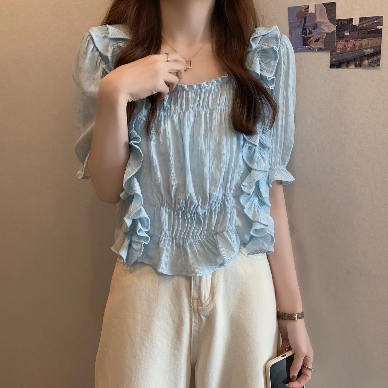 カットソー レディース 半袖 スクエアネック シフォン レトロ かわいい 大人可愛い きれいめ シンプル カジュアル ガーリー 無地 夏 学生 デート お出かけ ホワイト パープル ブルー トップス