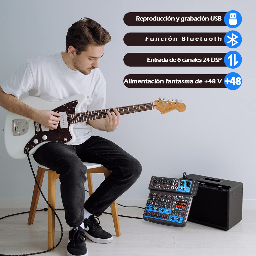 BOMGE 6チャンネルミニオーディオミキサーコンソールUSBBluetoothステレオ録音48Vファンタム電源カラオケ歌唱PC録音用の24個のDSPエフェクト (白)