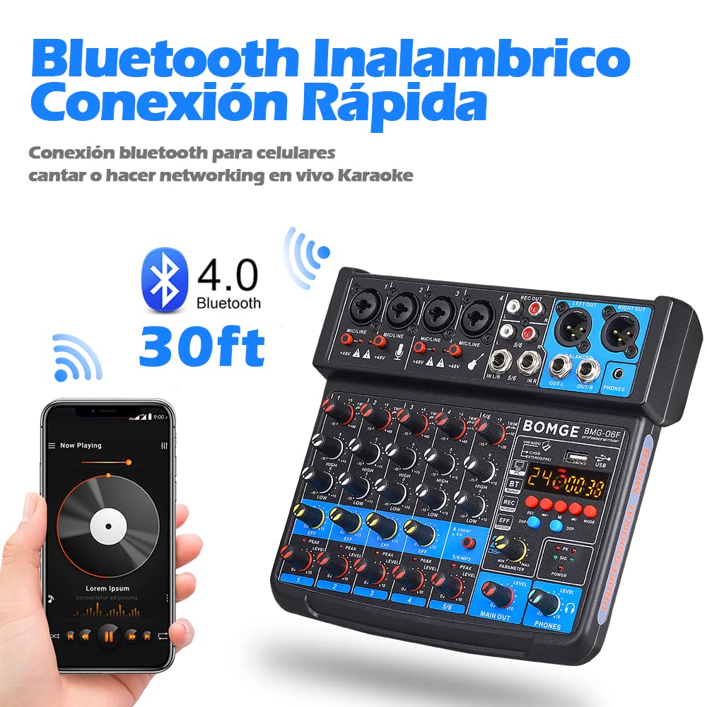 BOMGE 6チャンネルミニオーディオミキサーコンソールUSBBluetoothステレオ録音48Vファンタム電源カラオケ歌唱PC録音用の24個のDSPエフェクト (白)
