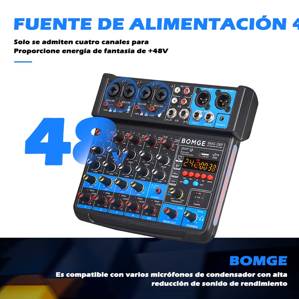 BOMGE 6チャンネルミニオーディオミキサーコンソールUSBBluetoothステレオ録音48Vファンタム電源カラオケ歌唱PC録音用の24個のDSPエフェクト (白)