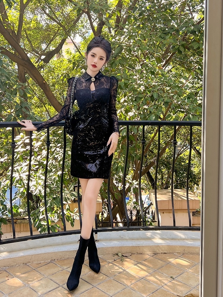 秋冬 レース ショート ワンピース キラキラ パーティードレス キャバ 着痩せ 大人 お呼ばれ