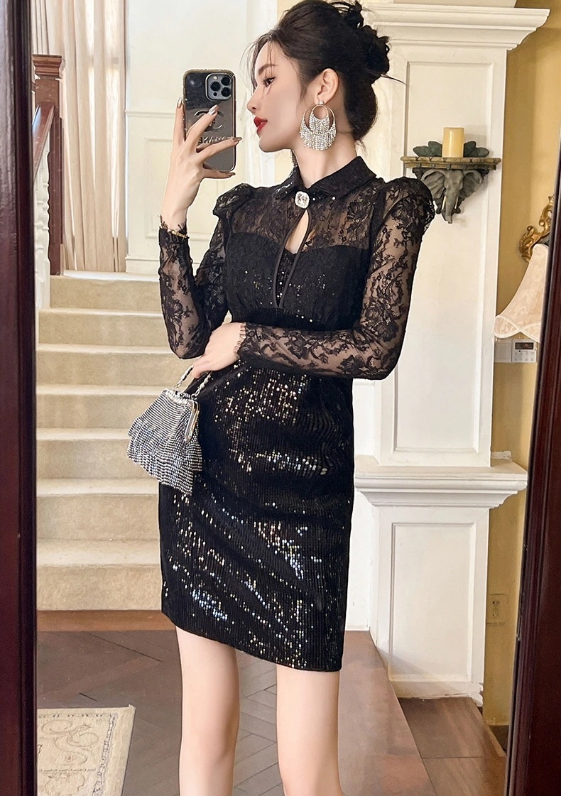 秋冬 レース ショート ワンピース キラキラ パーティードレス キャバ 着痩せ 大人 お呼ばれ