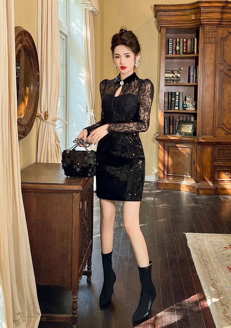 秋冬 レース ショート ワンピース キラキラ パーティードレス キャバ 着痩せ 大人 お呼ばれ