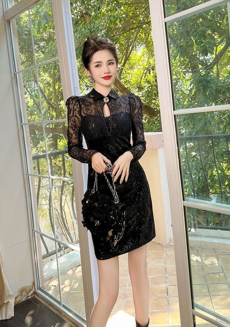 秋冬 レース ショート ワンピース キラキラ パーティードレス キャバ 着痩せ 大人 お呼ばれ