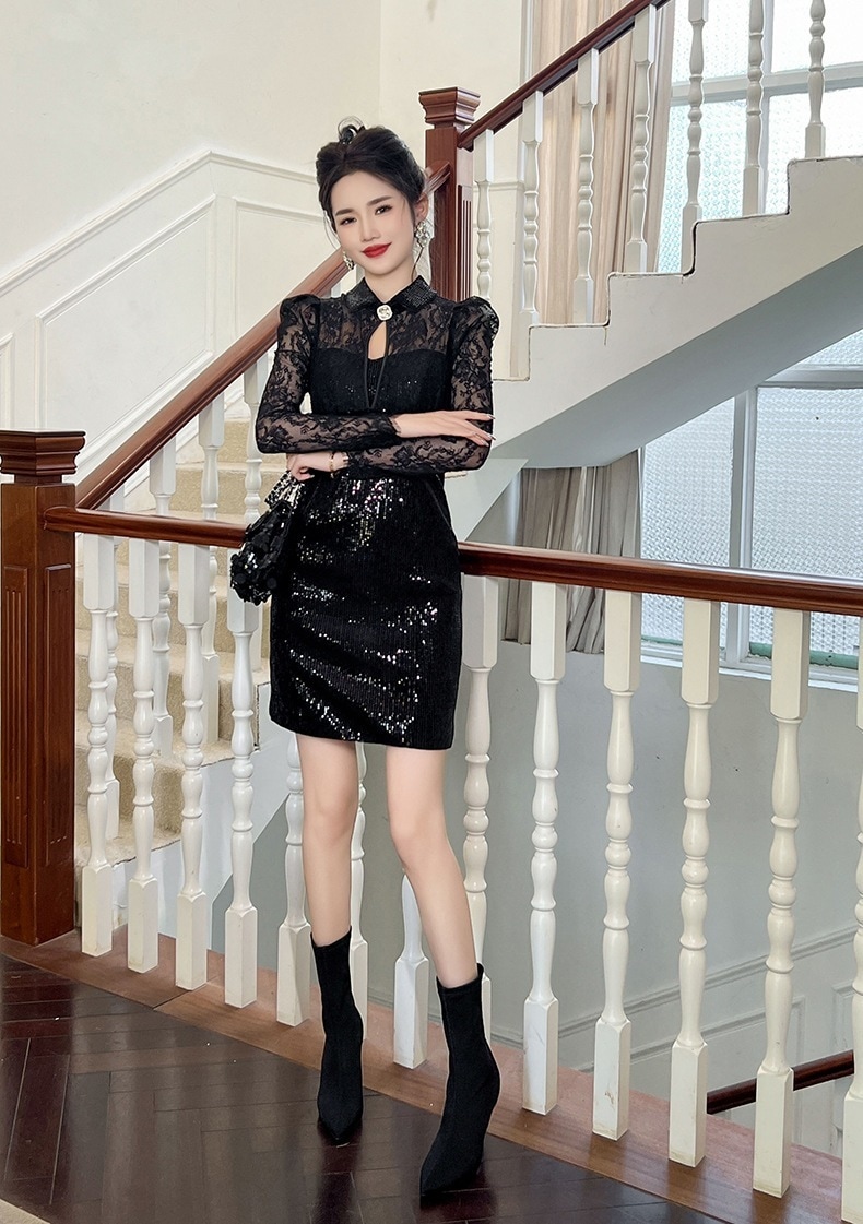 秋冬 レース ショート ワンピース キラキラ パーティードレス キャバ 着痩せ 大人 お呼ばれ