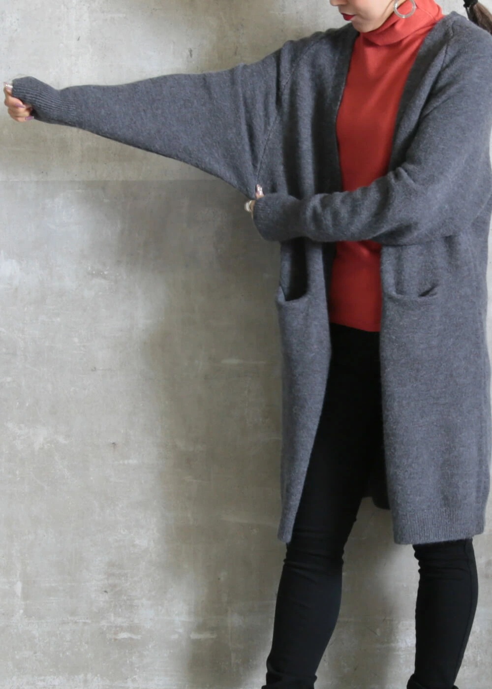 カーディガン ロングニット レディース 膝丈 ロング丈 ミモレ丈 秋冬 ロングカーディガン ロング ニット カーデ ニットカーディガン 防寒 対策 暖かい ポケット付き ボタンなし ネイビー レッド