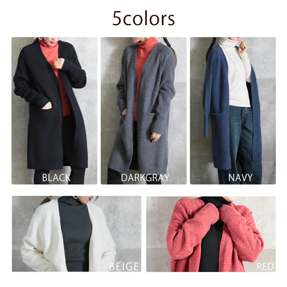 カーディガン ロングニット レディース 膝丈 ロング丈 ミモレ丈 秋冬 ロングカーディガン ロング ニット カーデ ニットカーディガン 防寒 対策 暖かい ポケット付き ボタンなし ネイビー レッド