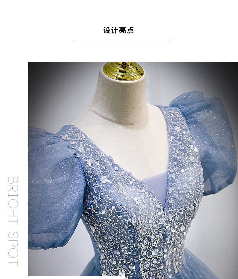 ブルーイブニングドレス女性 2025 ホストパフスリーブパフドレススカート