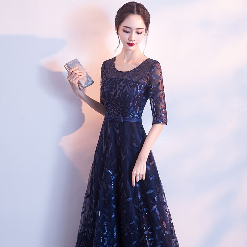 超特価カラードレス ファスナー パーティードレス フォーマルドレス ロングドレス 5分袖 結婚式 二次会 発表会 ラウンドネック ネイビー ワインレッド ブラック 大人 ゲストドレス ウェディングドレ