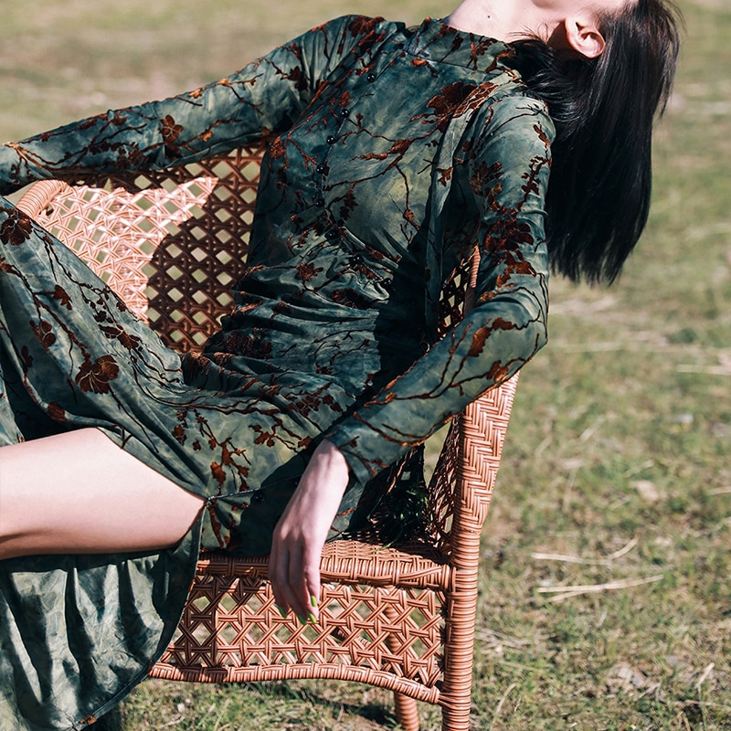 チャイナドレス 長袖 ロング 花柄 緑ドレス 青ドレス レトロチャイナ風ワンピース セクシー ハイネック 梅花フロッキープリント パーティードレス