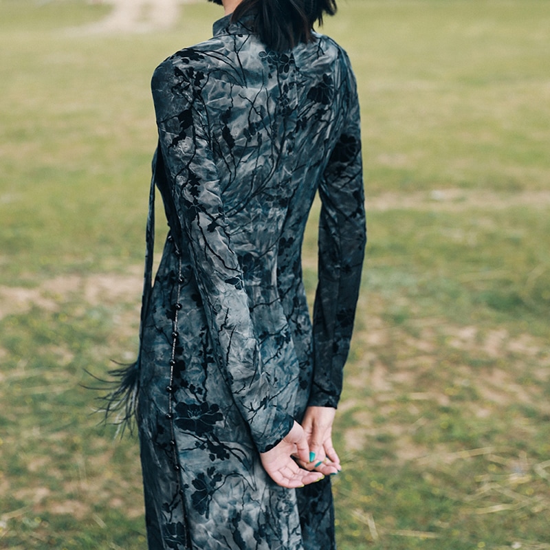 チャイナドレス 長袖 ロング 花柄 緑ドレス 青ドレス レトロチャイナ風ワンピース セクシー ハイネック 梅花フロッキープリント パーティードレス