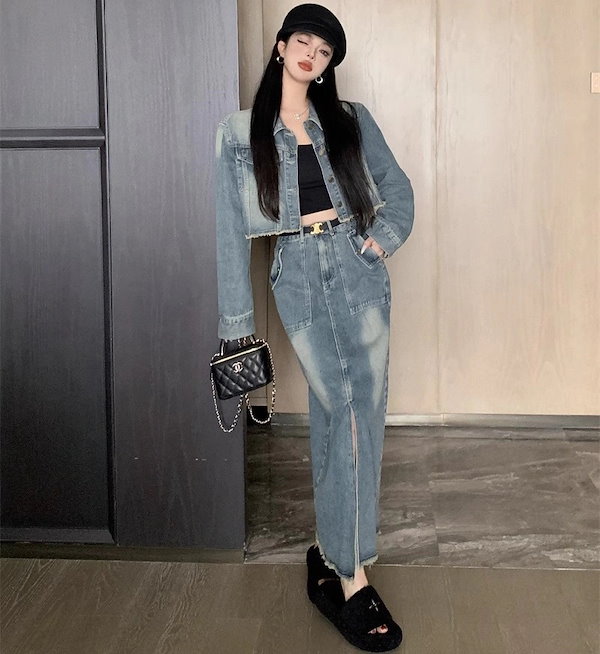 ZARA Gジャン アウター デニム スカート セットアップ ZARA デニムセットアップ XSサイズ フリル付き - メルカリ