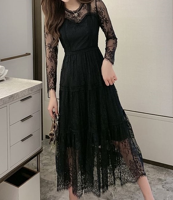 レディース ドレス ドレス パーティードレス ブラックドレス パーティー 結婚式 二次会 披露宴 フォーマル ミモレ 長袖 ラウンドネック フレア Aライン レース 刺繍 レディース ドレス ドレス パーティードレス ブラックドレス パーティー 結婚式 二次会 披露宴 フォーマル ミモレ 長袖 ラウンドネック フレア Aライン レース 刺繍