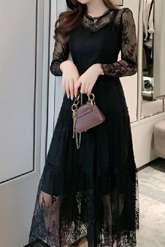 レディース ドレス ドレス パーティードレス ブラックドレス パーティー 結婚式 二次会 披露宴 フォーマル ミモレ 長袖 ラウンドネック フレア Aライン レース 刺繍 レディース ドレス ドレス パーティードレス ブラックドレス パーティー 結婚式 二次会 披露宴 フォーマル ミモレ 長袖 ラウンドネック フレア Aライン レース 刺繍