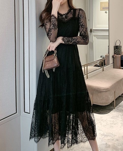 レディース ドレス ドレス パーティードレス ブラックドレス パーティー 結婚式 二次会 披露宴 フォーマル ミモレ 長袖 ラウンドネック フレア Aライン レース 刺繍 レディース ドレス ドレス パーティードレス ブラックドレス パーティー 結婚式 二次会 披露宴 フォーマル ミモレ 長袖 ラウンドネック フレア Aライン レース 刺繍