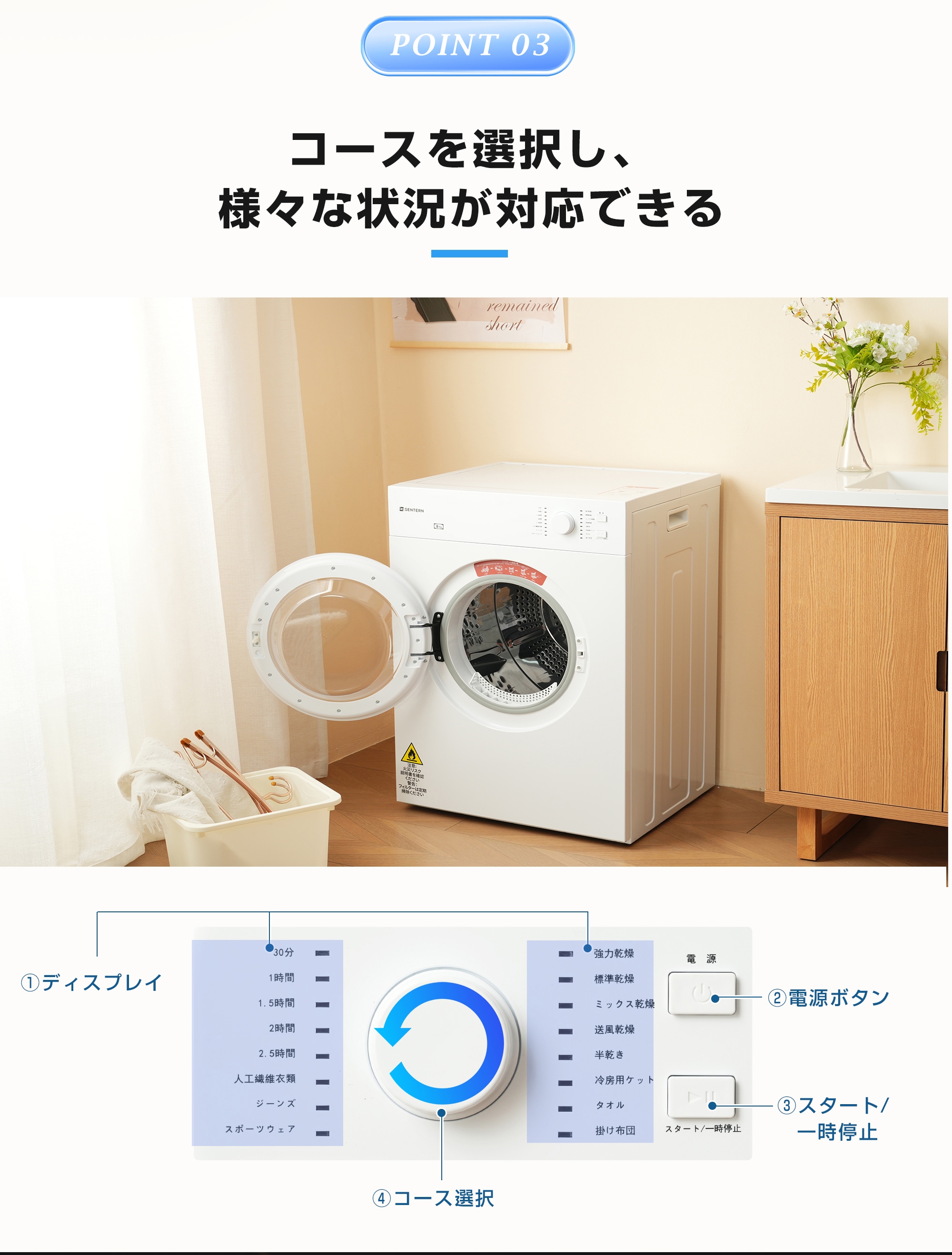 ホワイト】衣類乾燥機 8kg 乾燥機 衣類 大型 ドラム 家庭用 ウール
