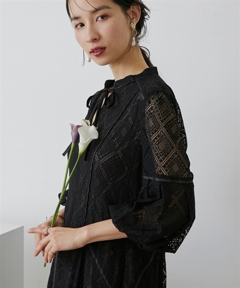 ドレス 結婚式・パーティー・オケージョンドレス フロントリボン使いデザインスリーブ総レースワンピースドレスCallarus ドレス 結婚式・パーティー・オケージョンドレス フロントリボン使いデザインスリーブ総レースワンピースドレスCallarus