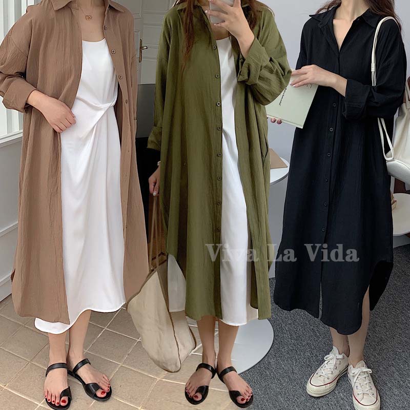 【20点セット】【急速出荷】【2025新品最安値】韓国だるい風 9色ロングシャツワンピースTシャツ レディース長袖 シンプルな超ロング シャツ純カラー体型カバーチュニック シンプル通勤韓国ファッション