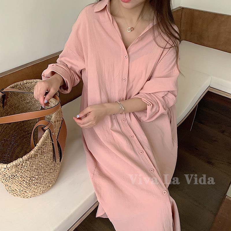 【20点セット】【急速出荷】【2025新品最安値】韓国だるい風 9色ロングシャツワンピースTシャツ レディース長袖 シンプルな超ロング シャツ純カラー体型カバーチュニック シンプル通勤韓国ファッション