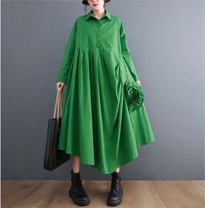 立体フラワーシャツワンピース レディース 長袖 タックワンピース フラワー シャツワンピ アシンメトリー 変形デザイン ロングワンピース 襟付き 個性的 モード系 メンズ ユニセックス シンプル ビッ