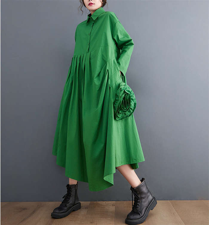 立体フラワーシャツワンピース レディース 長袖 タックワンピース フラワー シャツワンピ アシンメトリー 変形デザイン ロングワンピース 襟付き 個性的 モード系 メンズ ユニセックス シンプル ビッ