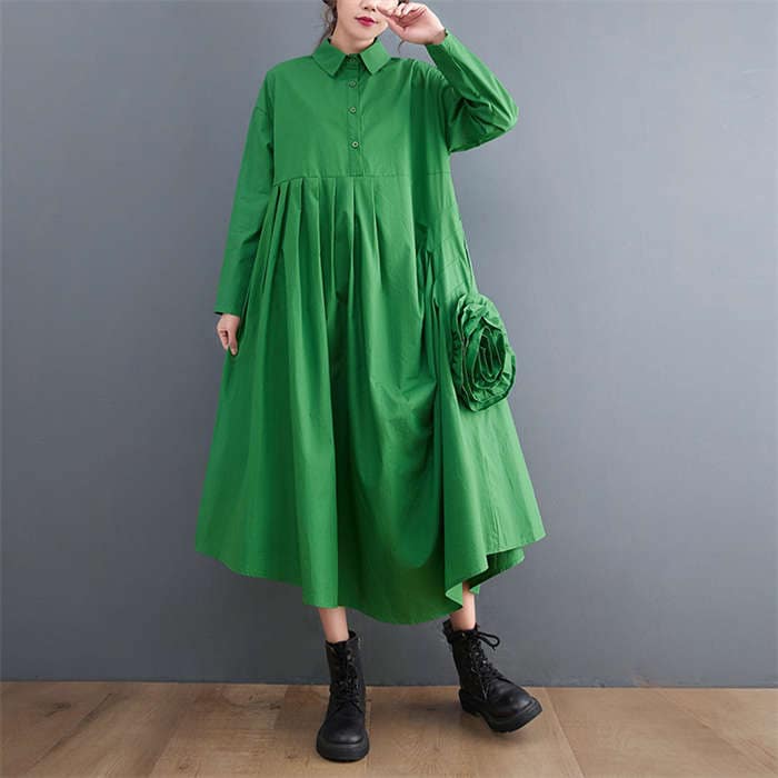 立体フラワーシャツワンピース レディース 長袖 タックワンピース フラワー シャツワンピ アシンメトリー 変形デザイン ロングワンピース 襟付き 個性的 モード系 メンズ ユニセックス シンプル ビッ