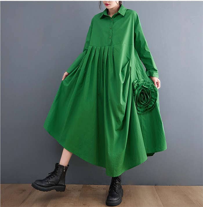 立体フラワーシャツワンピース レディース 長袖 タックワンピース フラワー シャツワンピ アシンメトリー 変形デザイン ロングワンピース 襟付き 個性的 モード系 メンズ ユニセックス シンプル ビッ
