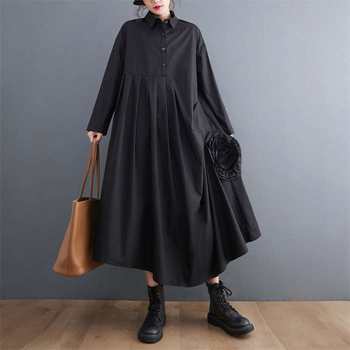 立体フラワーシャツワンピース レディース 長袖 タックワンピース フラワー シャツワンピ アシンメトリー 変形デザイン ロングワンピース 襟付き 個性的 モード系 メンズ ユニセックス シンプル ビッ