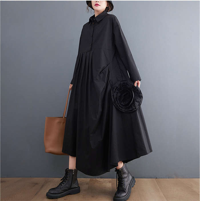 立体フラワーシャツワンピース レディース 長袖 タックワンピース フラワー シャツワンピ アシンメトリー 変形デザイン ロングワンピース 襟付き 個性的 モード系 メンズ ユニセックス シンプル ビッ