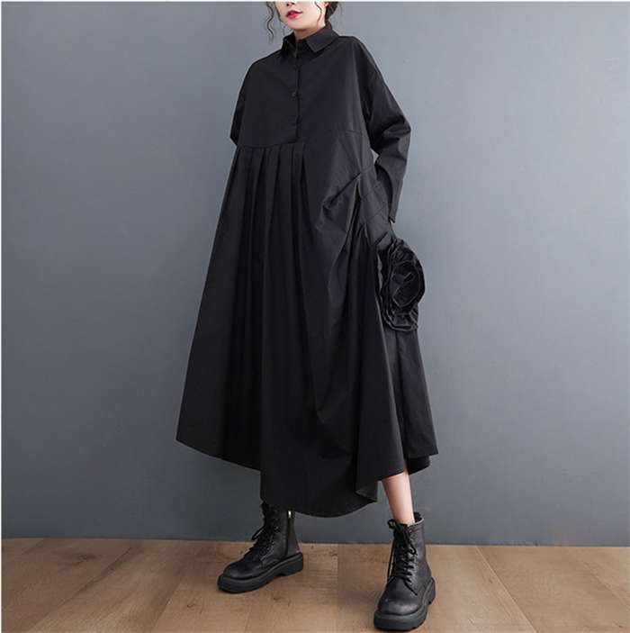 立体フラワーシャツワンピース レディース 長袖 タックワンピース フラワー シャツワンピ アシンメトリー 変形デザイン ロングワンピース 襟付き 個性的 モード系 メンズ ユニセックス シンプル ビッ