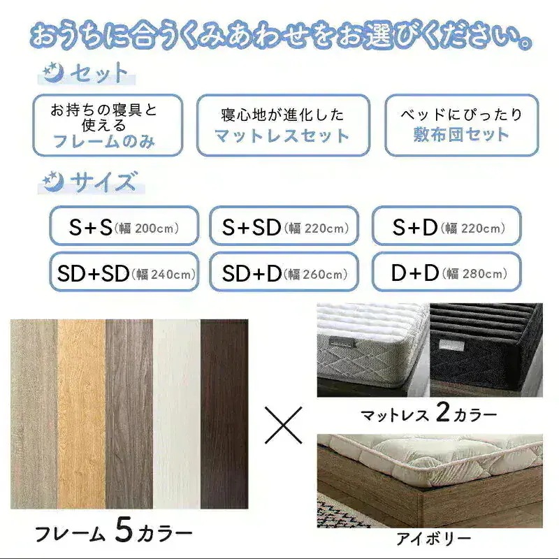 連結 大型ファミリーベッド 幅280cm (ダブル + ダブル) ベッドフレーム + マットレスセット 分割でも使用可能 ローベッド 和式の敷布団も使用可能