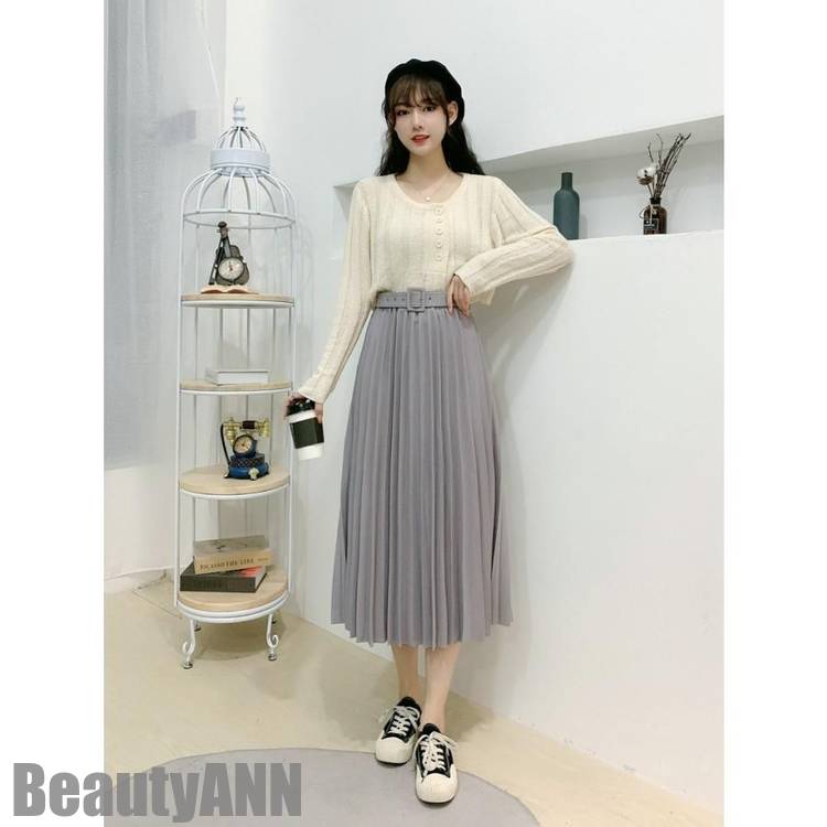 新生活 スカート ロング プリーツ レディース 春 夏 ベルト付 ミモレ丈 マキシ丈 フレアスカート 重ね着 通勤 出勤 お出かけ デート 体型カバー プレゼント ギフト