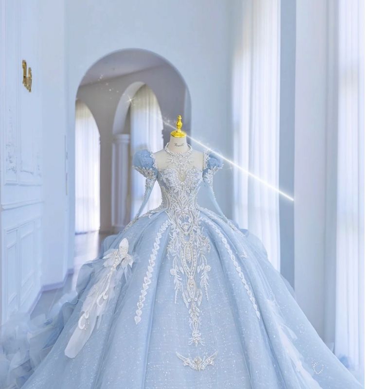 ブルーウェディングドレス2024花嫁重工業豪華なビッグトレーリングパフスリーブメインヤーン冬