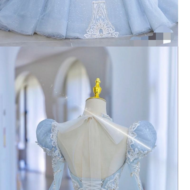 ブルーウェディングドレス2024花嫁重工業豪華なビッグトレーリングパフスリーブメインヤーン冬