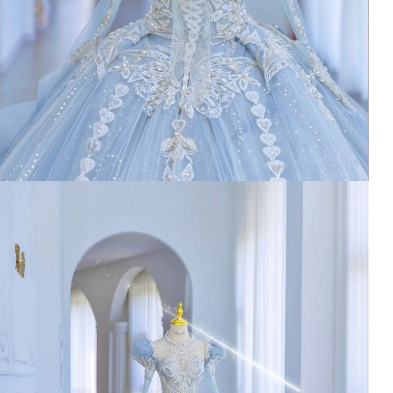 ブルーウェディングドレス2024花嫁重工業豪華なビッグトレーリングパフスリーブメインヤーン冬