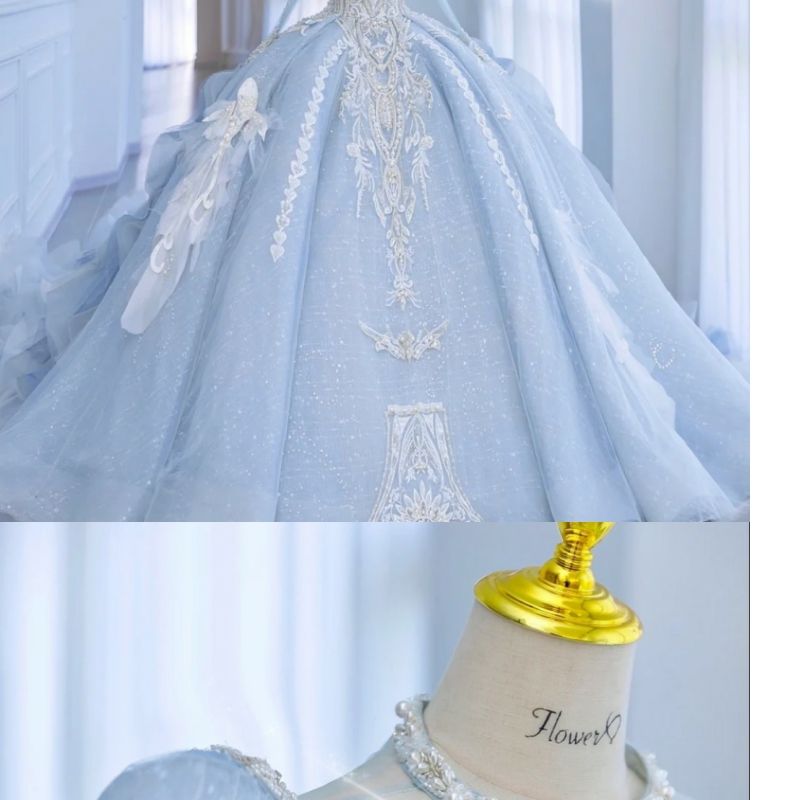 ブルーウェディングドレス2024花嫁重工業豪華なビッグトレーリングパフスリーブメインヤーン冬